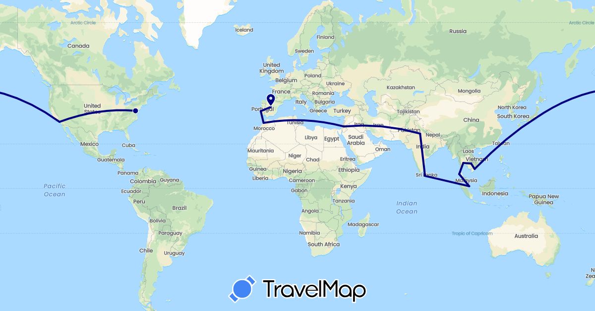 TravelMap itinerary: driving in Spain, India, Jordan, Japan, Cambodia, Sri Lanka, Morocco, Portugal, Singapore, Thailand, United States, Vietnam (Africa, Asia, Europe, North America)